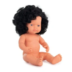 Miniland Doll 38cm - Caucasian Curly Black Hair Girl Baby Doll (Undressed)